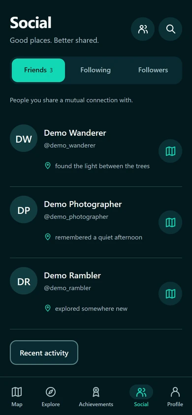 Gridyssey Social interface with fictional demo friends